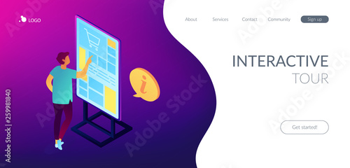 Businessman standing in front of digital guide screen looking for information. Digital guide, mobile guide app, interactive tour concept. Isometric 3D website app landing web page template