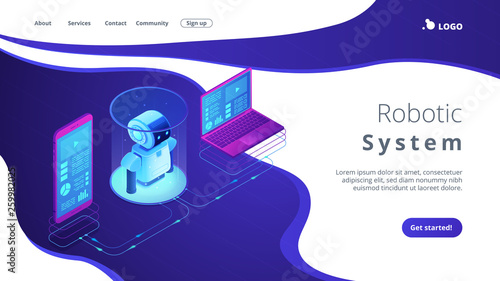 Modern robotics system connected with mobile phone and laptop. WiFi controlled robotics, robotics development, robotic programming concept. Isometric 3D website app landing web page template