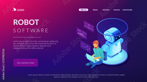 Robotics engineer working with laptop on robot software. Robotics project and system, sensor guided robotics and artificial intelligence concept. Isometric 3D website app landing web page template