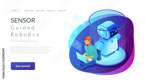 Robotics engineer working with laptop on robot software. Robotics project and system, sensor guided robotics and artificial intelligence concept. Isometric 3D website app landing web page template