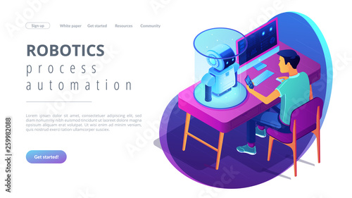 Robotics engineer at desk with computer and mobile phone programming robot. Robotics process automation and technology, bluetooth robotics concept. Isometric 3D website app landing web page template