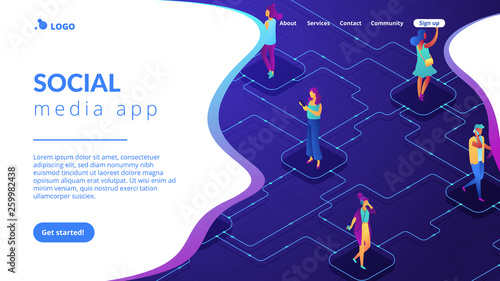 Users with mobile gadgets communicating in social network. Social media app and chat, integrated services and internet communication concept. Isometric 3D website app landing web page template