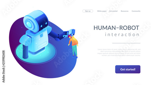 Huge robot lifting businessman by the collar and holding him. Human-robot interaction and cooperation, workplace automation, robot takeover concept. Isometric 3D website app landing web page template