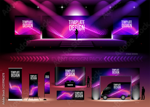 A pack of 3D event design medias in vector format, with a sample of graphic template in RGB color. It is suitable for event design, event planing, concert, seminar, etc.