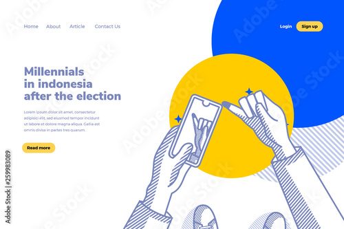 Millennial in indonesia after the election and they always exist update to social media post. Outline, thin line art, linear, hand drawn sketching design