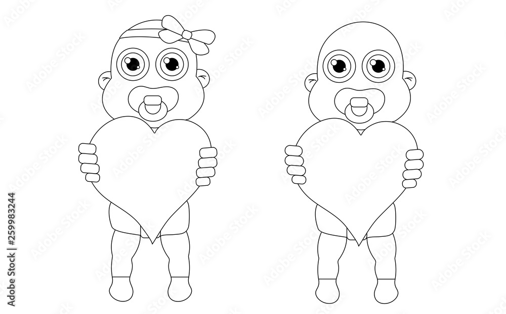 Baby girl and boy with hearts outline. Stock isolated illustration