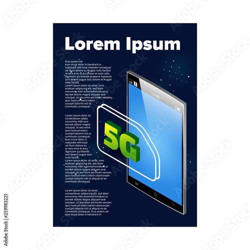 5G network simcard and smartphone. Ad banner