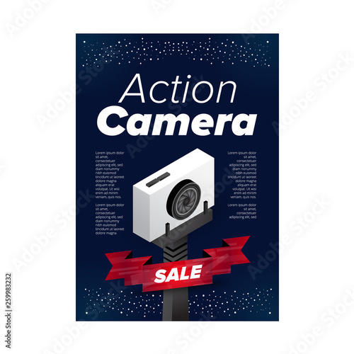 Action camera on the monopod. Ad banner design