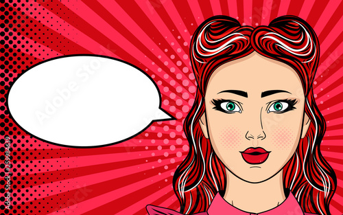 Sexy girl opened her mouth, wow effect. Shocked woman, surprised. Vector colorful background in pop art retro comic style.