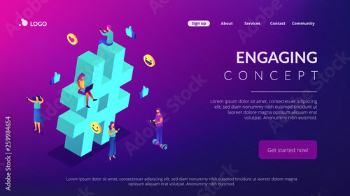 Business people at huge hashtag send and share posts and social media. Social listening tools, engaging content, hashtag tracking concept. Isometric 3D website app landing web page template