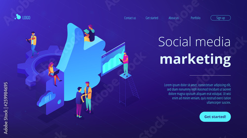 Social media marketing managers and specialist working and thumb up. Social media marketing, social customer care, SMM for business growth concept. Isometric 3D website app landing web page template