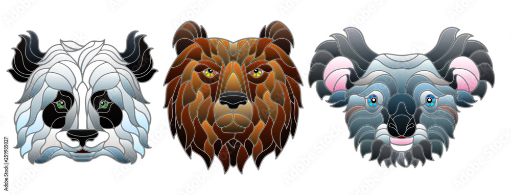 A set of stained glass items, stained glass with animal heads, a Panda bear, a brown bear and Koala bear, isolates on white background