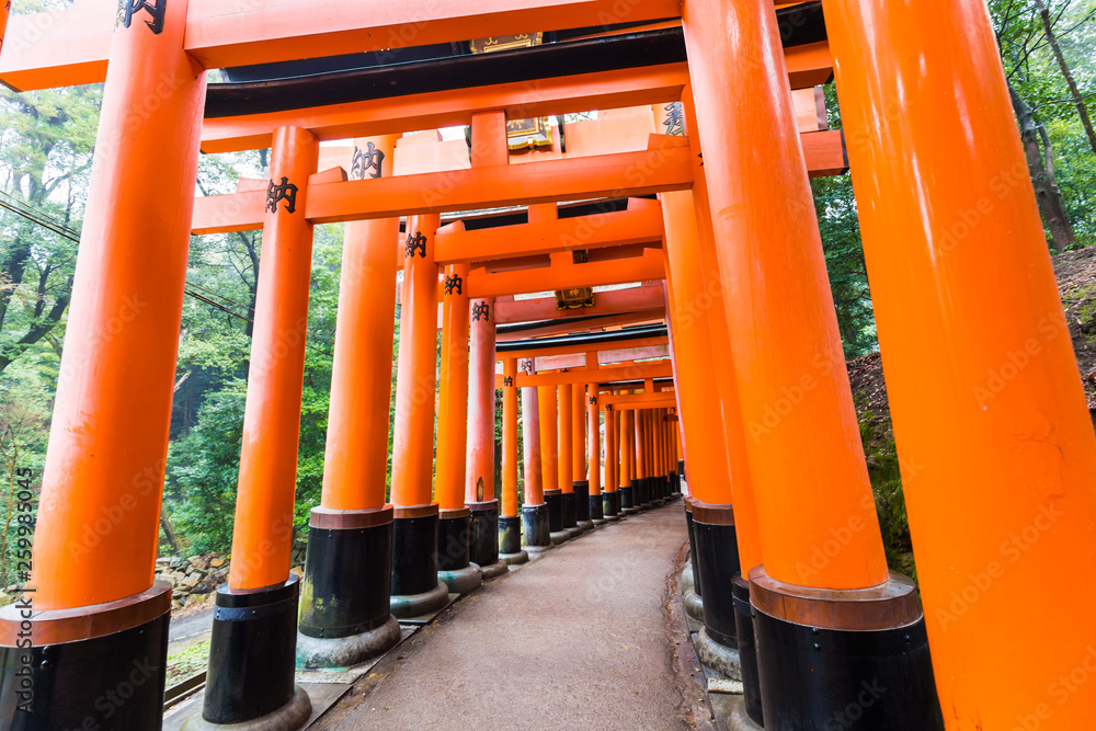 Red wooden gate pathway at Fushimi Inari Shrine in Kyoto Red wooden gate pathway at Fushimi Inari Shrine in Kyoto