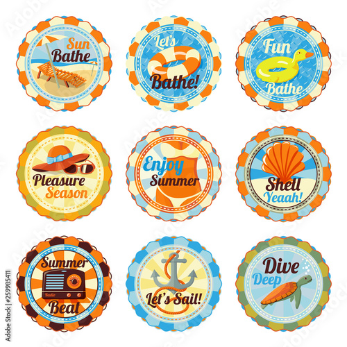 Vector set of cute bright summer badges with slogans. Chase lounge, bathing duck, hat and glasses, bikini girl, shell, radio, anchor, sea turtle.