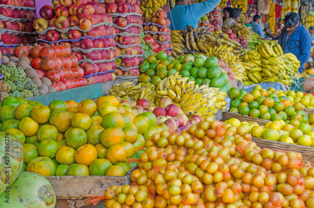 fresh fruit are on sale in the market apples orange banana