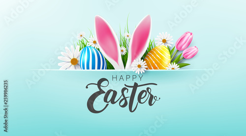 Happy Easter greeting card poster and template with Easter Eggs and flower on blue.Greetings and presents for Easter Day.Promotion and shopping template for Easter Day.Vector illustration EPS10