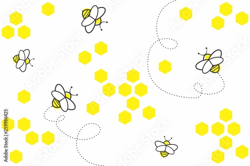 Abstract geometric background with yellow hexagons and bees on white background. Seamless pattern with honeycombs, bees and dotted lines of flight of bees. Cute, decorative background