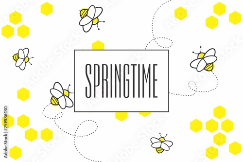 Abstract geometric background with yellow hexagons and bees on white background. Spring seamless pattern with honeycombs, bees and dotted lines of flight of bees. Spring time has come