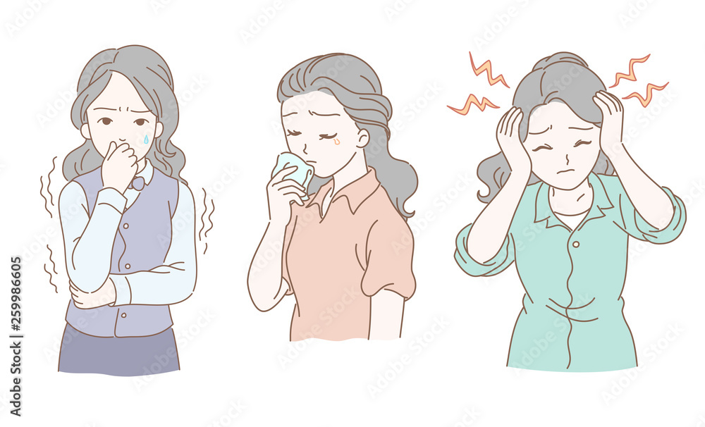 Woman with headache, discomfort, sad expression Woman with headache, discomfort, sad expression