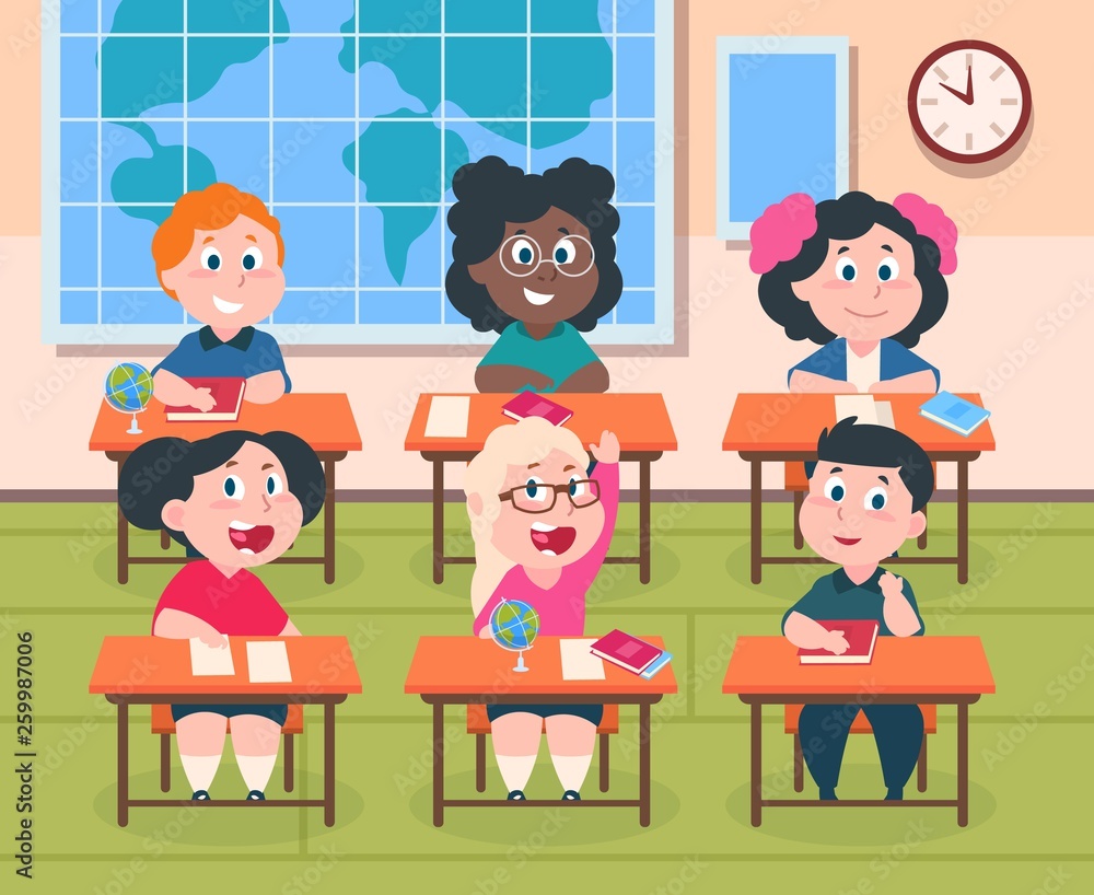 Kids in classroom. Cartoon children in school studying reading and writing, cute happy girls and boys. Vector pupil characters Stock Vector | Adobe Stock Kids in classroom. Cartoon children in school studying reading and writing, cute happy girls and boys. Vector pupil characters Stock Vector | Adobe Stock