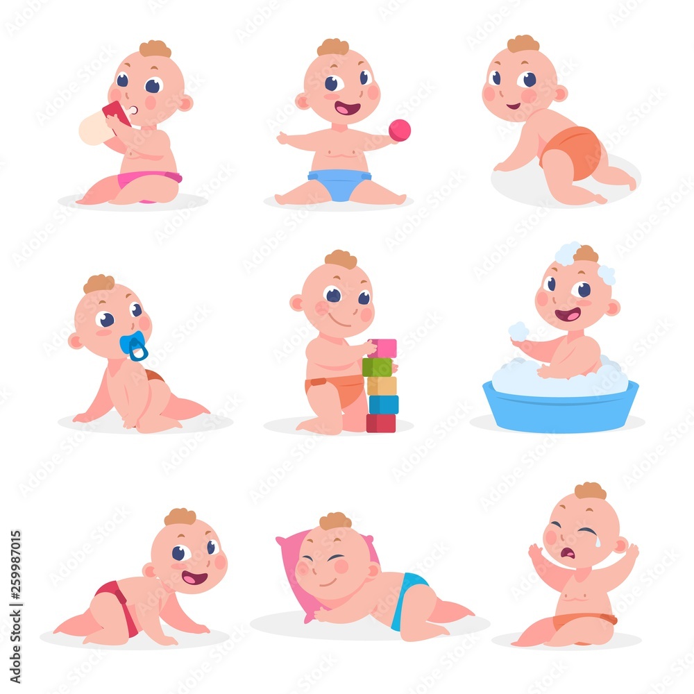 Cartoon baby. Newborn child in diaper eating sleeping crying playing, happy toddler learning to walk and sitting. Vector flat kids Cartoon baby. Newborn child in diaper eating sleeping crying playing, happy toddler learning to walk and sitting. Vector flat kids
