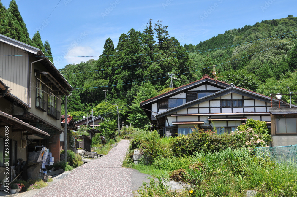 View of some typical Japanese countryside houses on the famous Nakasendo road trail