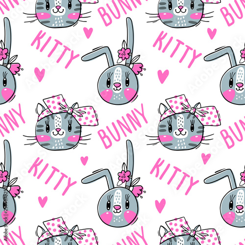 Seamless pattern with faces of cats and rabbits in hairpins bows. Fashion kawaii bunny and kitty. Vector illustration