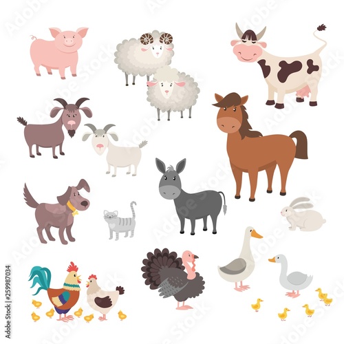 Farm Animals set. Isolated homes animal pig chicken horse dog turkey rabbit cat. Vector illustration © SpicyTruffel