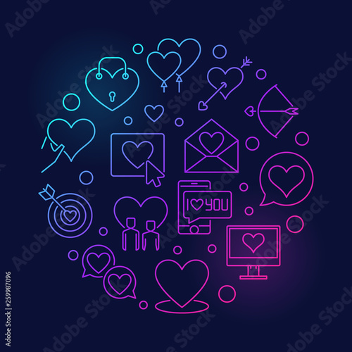 Romance and Love vector round colorful linear illustration on dark background