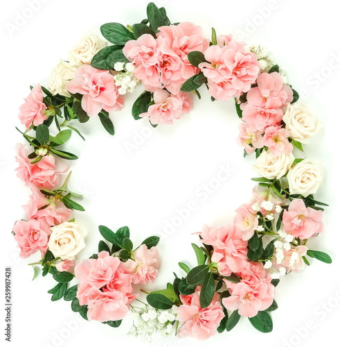 Wreath Flowers composition background . Pink flowers azalea pattern frame on white background. Top view. Copy space. Holiday concept © irenastar