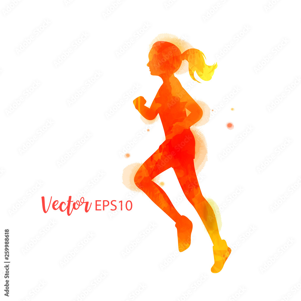 Women's running silhouette on watercolor background. Runner vector illustration. Feminism concept. Digital art painting.