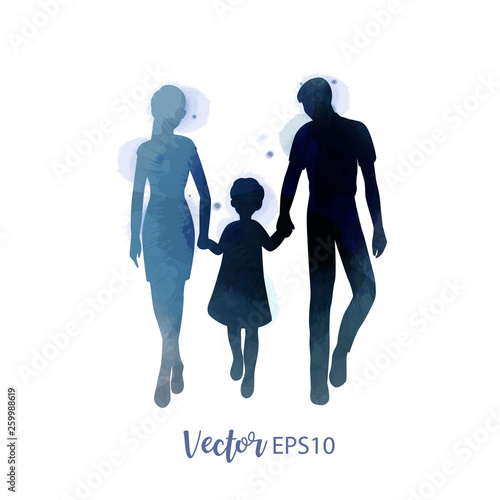 Parents having good time with their child.  Happy family walking together isolated on white background. Watercolor style. Vector illustration.