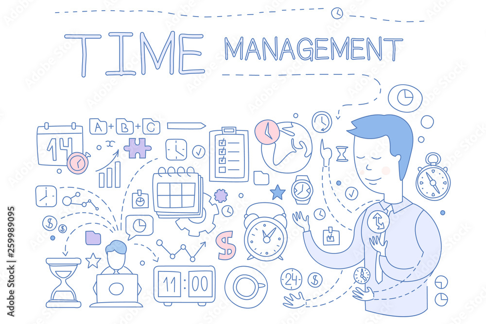 Time management set, hand drawn business planning design elements for banner, poster, brochure, flyer, advertising vector Illustration