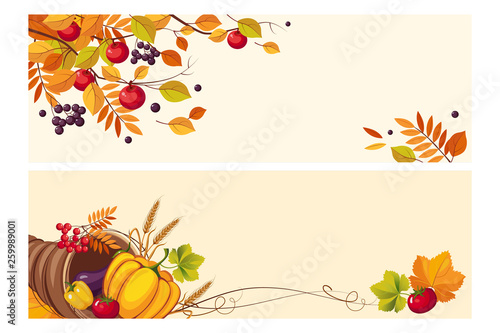 Thanksgiving background with space for text, two horizontal banners with autumn leaves, cornucopia vector Illustration
