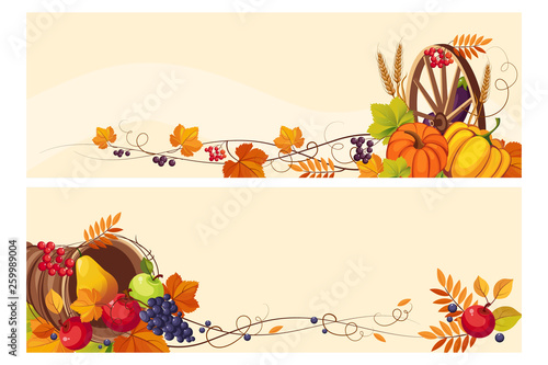 Fototapeta Naklejka Na Ścianę i Meble -  Thanksgiving background with space for text, horizontal banners with autumn grape leaves, pumpkins, fruit and vegetables vector Illustration