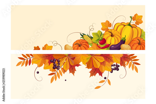 Thanksgiving background with space for text, horizontal banners with autumn leaves and vegetables vector Illustration