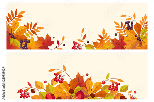 Thanksgiving background with space for text, horizontal banners with autumn leaves and berries vector Illustration