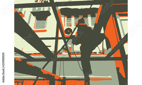 Worker cutting metal with a power saw at a construction site, representing industrial work, metal fabrication, and construction process