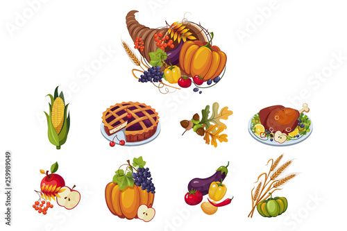 Traditional symbols of Thanksgiving day set, autumn cornucopia with vegetables vector Illustration on a white background