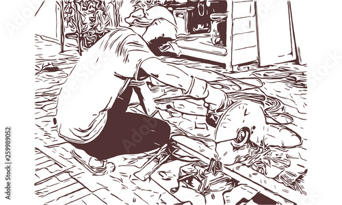 Worker cutting metal with a power saw at a construction site, representing industrial work, metal fabrication, and construction process