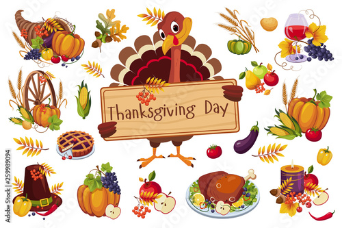 Turkey for Thanksgiving day holding wooden signboard, Traditional symbols of autumn holiday vector Illustration on a white background