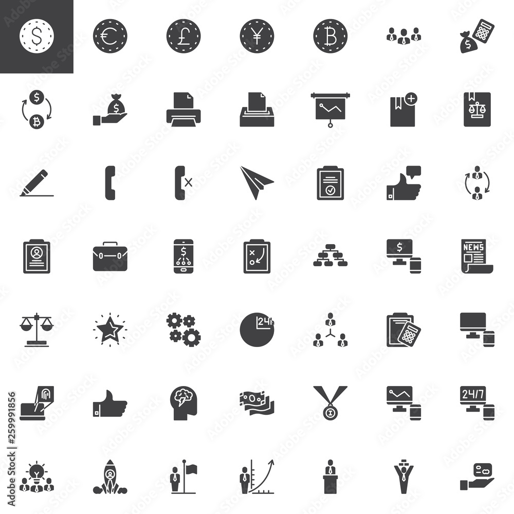 Business and finance vector icons set, modern solid symbol collection, filled style pictogram pack. Signs, logo illustration. Set includes icons as dollar money exchange, bank card, online banking Business and finance vector icons set, modern solid symbol collection, filled style pictogram pack. Signs, logo illustration. Set includes icons as dollar money exchange, bank card, online banking