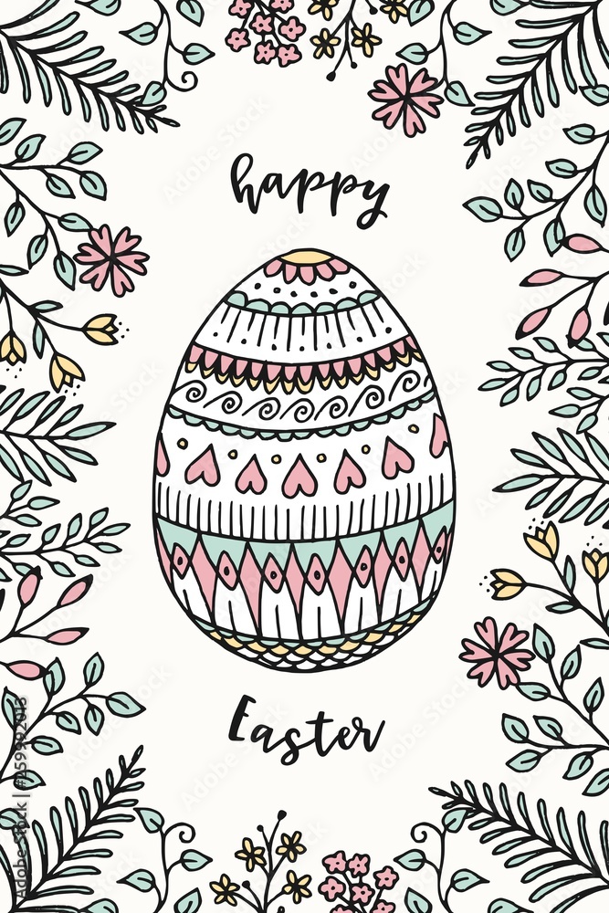 Hand drawn Easter card with flowers, herbs and a colorful Easter egg