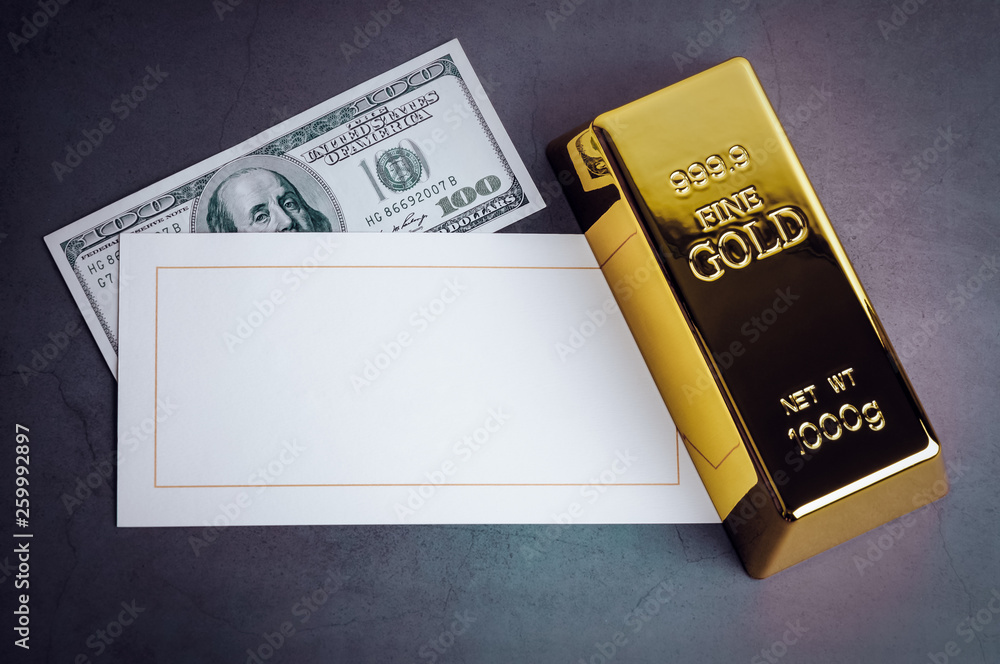 Gold bar ingot bullion dollar bill and greeting card. Gold bar ingot bullion dollar bill and greeting card.