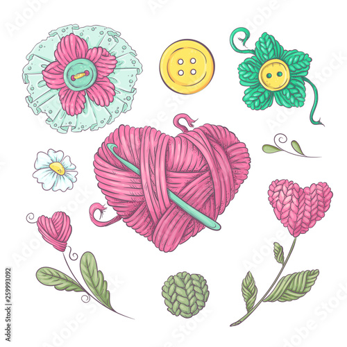 A set of knitted clothes clew knitting needles. Hand drawing. Vector illustration