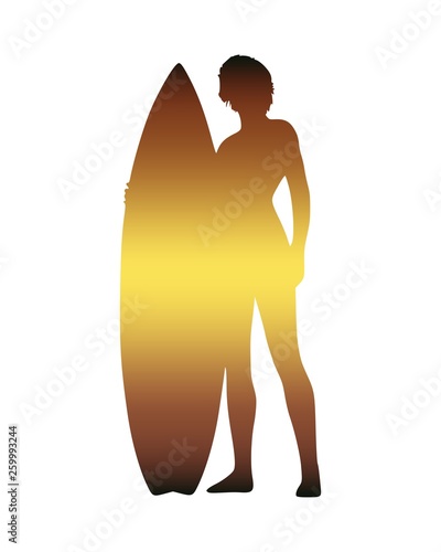 Woman posing with surfboard. Vintage surfing graphic and emblem for web design or print. Front view