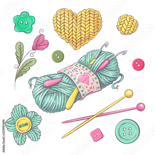 A set of knitted clothes clew knitting needles. Hand drawing. Vector illustration