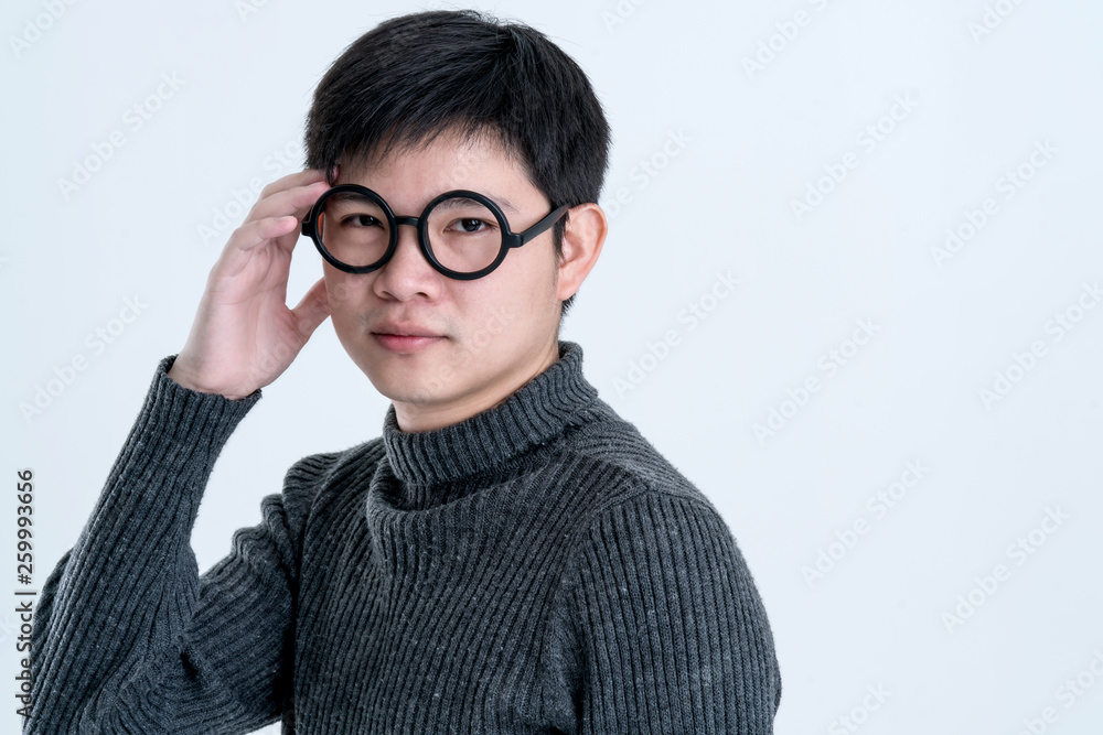 creative smart asian male with glasses facial emotional  portrait with happiness and confident feeling white background