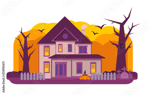 Halloween haunted house.Old cemetery gravestone.Spooks and pumpkin,bat flat vector.