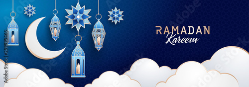 Ramadan Kareem concept horizontal banner with islamic geometric patterns. Arabesque, traditional lanterns, crescent, stars and clouds on dark blue night sky background. Vector illustration.